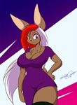  anthro big_breasts big_ears black_nose breasts brown_fur cleavage clothed clothing female fur hair lagomorph long_ears long_hair looking_at_viewer mammal mastergodai ninja purple_eyes rabbit red_hair ryoko_asakura short_tail smile solo standing thick_thighs thighs tight_clothing two_tone_hair voluptuous white_hair wide_hips 