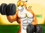  anthro bardofox biceps blonde_hair bodybuilder bodybuilding canine chest_tuft cute eye fair fangs flexing fox fur green_eyes hair invalid_color male mammal muscles nipples nude orange_fur out outside pecs pose solo standing teeth toned tuft weigh weight weightlifting weights white_fur work workout 