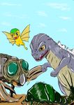  baby baby_godzilla big_eyes dorat godzilla_(series) green_hair hair insect kaiju kenn louse meganulon not_furry open_mouth shockirus sky spines teeth tongue wings young 