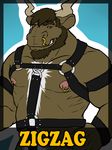  badge biceps big_muscles body_hair chest_hair facial_piercing harness horn looking_at_viewer male minotaur muscles nipple_piercing nipples nose_piercing nude pecs piercing solo 