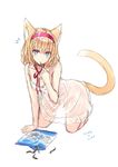  alice_margatroid all_fours animal_ears blonde_hair blue_eyes blush cat_ears cat_tail fish hairband kemonomimi_mode looking_at_viewer nabeshima_tetsuhiro simple_background solo tail touhou translated white_background 