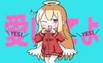  1girl ;d angel_wings background_text bangs blonde_hair blue_background blush_stickers commentary_request eyebrows_visible_through_hair gabriel_dropout hair_between_eyes halo hana_kazari hands_up heart heart_hands highres jacket long_hair long_sleeves looking_at_viewer low_wings one_eye_closed open_mouth purple_eyes red_jacket smile solo tenma_gabriel_white track_jacket translation_request very_long_hair white_wings wings 