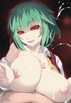  breast_squeeze breasts censored cum ejaculation glowing green_hair hetero highres kazami_yuuka large_breasts nipples non-web_source off_shoulder open_clothes open_mouth open_shirt paizuri penis plaid pointless_censoring pov projectile_cum puffy_nipples red_eyes shiki_(psychedelic_g2) shirt short_hair solo_focus touhou tsurime 