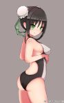  1girl artist_name ass back_cutout bangs bare_shoulders black_hair breasts bun_cover colored_eyelashes commentary_request competition_swimsuit dated double_bun erect_nipples expressionless eyebrows_visible_through_hair fate/grand_order fate_(series) green_eyes grey_background haryu_moe highres looking_at_viewer looking_back medium_breasts one-piece_swimsuit qin_liangyu_(fate) shiny shiny_skin sidelocks simple_background skin_tight solo standing swimsuit white_swimsuit 