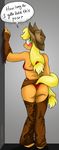  anthrofied applejack_(mlp) back_turned bikini blush butt chaps clothing cowboy_hat dialog english_text equine female friendship_is_magic hair hat horse long_hair looking_back mammal my_little_pony plain_background pony ponytail pose solo standing susiebeeca swimsuit text thong tight_clothing 