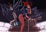  bandana bottomless breasts brown_hair cleavage dark_skin finger_to_mouth grinding large_breasts lips masturbation polyle pussy_juice roxie_(skullgirls) sex_machine short_hair signature skullgirls solo 
