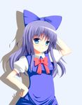  alternate_hair_length alternate_hairstyle bad_id bad_pixiv_id blue_background blue_eyes blue_hair blush bow cirno dress hair_bow hand_on_hip hand_on_own_head highres long_hair looking_at_viewer negishio puffy_short_sleeves puffy_sleeves ribbon shadow short_sleeves simple_background smile solo touhou 
