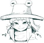  bangs blunt_bangs closed_mouth daitai_konna_kanji face frog_eyes greyscale hair_ribbon hat hikimayu looking_at_viewer monochrome moriya_suwako portrait ribbon short_hair sidelocks smile solo touhou white_background 