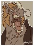  anthro beard blue_eyes brown_hair clothing facial_hair hair horn male mammal open_mouth open_shirt portrait rhinoceros saliva shirt shouting solidasp solo teeth tongue venicethehedgehog xan_(character) 