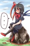  1girl ahoge asymmetrical_wings bad_id bad_pixiv_id black_hair blue_sky blush bow cloud crying day dress frown grass hand_on_own_knee houjuu_nue leg_up looking_away pantyhose red_eyes rock short_hair sitting sky solo speech_bubble spoken_ellipsis streaming_tears tears touhou wings yamato_(muchuu_paradigm) 