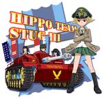  ammunition banner black_hair blonde_hair blush boots brown_hair caesar_(girls_und_panzer) caterpillar_tracks cyber_(cyber_knight) emblem erwin_(girls_und_panzer) flag girls_und_panzer glasses green_skirt ground_vehicle gun gunbuster_pose hat headband jacket latin long_hair military military_hat military_vehicle motor_vehicle multiple_girls ooarai_school_uniform oryou_(girls_und_panzer) peaked_cap pleated_skirt saemonza sashimono school_uniform self-propelled_gun serafuku short_hair skirt sturmgeschutz_iii tank turretless_tank weapon 