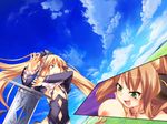  2girls breasts cloud game_cg long_hair milk_elioto multiple_girls nipples sky teresa_premadasa zettai_saikyou_oppai_sensou!!_kyonyuu_oukoku_vs_hinnyuu_oukoku 