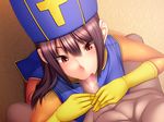  blush bodysuit breasts censored chunsoft clothed_female_nude_male cosplay dragon_quest dragon_quest_iii enix fellatio gloves hat highres ogata_mamimi oral penis pov priest_(dq3) purple_hair red_eyes 