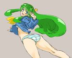  ass bad_id bad_pixiv_id blue_eyes bottomless chikuwa_(tks) floating_hair green_hair grey_background long_hair looking_back lum outstretched_hand panties simple_background solo star striped striped_panties underwear urusei_yatsura 