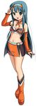  :d aqua_eyes aqua_hair bare_legs bare_shoulders boots detached_sleeves hairband long_hair midriff navel open_mouth project_mu race_queen skirt smile solo v yamaguchi_miu 