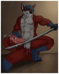  amwulf anthro balls biceps big_muscles big_penis black_nose blue_fur blue_hair canine claws crouching cum cum_in_ass cum_inside cum_on_chest cum_on_face cum_on_nipples cum_on_penis cum_string cumshot dripping erection fangs fox fur grin hair hands-free humanoid_penis katana leaking looking_at_viewer male mammal masturbation muscles nipples nude orgasm pecs penis pose presenting red_fur sheath smile solo spread_legs spreading sword teeth toe_claws vein weapon yellow_eyes 