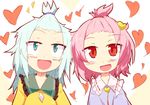  alternate_hairstyle forehead green_eyes heart komeiji_koishi komeiji_satori multiple_girls no_hat no_headwear okumari open_mouth pink_hair ponytail pun red_eyes shirt siblings silver_hair sisters smile topknot touhou upper_body 