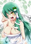  blush breasts cleavage collarbone frog_hair_ornament green_hair hair_ornament highres kochiya_sanae large_breasts long_hair looking_at_viewer naked_towel one_eye_closed open_mouth smile snake_hair_ornament solo touhou towel upper_body very_long_hair yellow_eyes yopparai_oni 