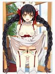  apron bandaid bandaid_on_pussy bandaids_on_nipples black_hair blush braid breasts character_request copyright_request garter_belt lingerie long_hair looking_at_viewer maid_headdress medium_breasts open_mouth pasties saipaco skirt skirt_lift thighhighs twin_braids underwear white_legwear yellow_eyes 