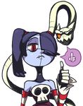  bare_shoulders blue_hair blue_skin detached_collar detached_sleeves hair_over_one_eye leviathan_(skullgirls) long_hair one_eye_closed red_eyes side_ponytail sketch skull skullgirls solo squigly_(skullgirls) stitched_mouth stitches striped striped_sleeves thumbs_up transparent_background zombie zone 