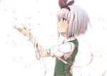  bandages blue_eyes cherry_blossoms hair_ribbon katanakko_daisuki konpaku_youmu outstretched_arm outstretched_hand petals profile puffy_sleeves ribbon shirt short_hair short_sleeves silver_hair simple_background solo touhou vest white_background 