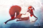  abstract_background antiander avian bird blue_eyes breasts claws digitigrade female hair looking_at_viewer lying mammal mustelid nipples nude on_side otter pussy red_hair solo toes 