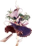  ankle_lace-up arm_up armpits beads breasts cross-laced_footwear detached_sleeves flower full_body gohei green_hair hair_flower hair_ornament kochiya_sanae long_hair medium_breasts prayer_beads rope sandals sideboob smile socha solo touhou transparent_background yellow_eyes 