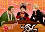  3boys alternate_costume black_hair blonde_hair cat crossbones food fruit green_hair head_perch jolly_roger kotatsu male male_focus miwan_one monkey_d_luffy multiple_boys one_piece orange roronoa_zoro sanji smile table titile_drop trio 