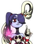 bare_shoulders blue_hair blue_skin detached_collar detached_sleeves fire flame hair_over_one_eye leviathan_(skullgirls) long_hair one_eye_closed red_eyes revision side_ponytail skull skullgirls solo squigly_(skullgirls) stitched_mouth stitches striped striped_sleeves thumbs_up transparent_background zombie zone 