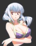  :o bare_shoulders breasts cleavage hair_bun large_breasts long_hair looking_away nail_polish open_mouth ponytail purple_eyes silver_hair simple_background solo tsubomi_fujiko yukimitsuki zettai_karen_children 