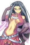  black_gloves black_hair breasts cleavage elbow_gloves glasses gloves jonylaser koihime_musou large_breasts long_hair navel shiny shiny_clothes shuuyu smile solo 