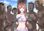  1girl bdsm bondage bound breasts cleavage dark_skin highres kusaribe_hakaze long_hair meiouseijin multiple_boys plutomor polearm prisoner racist red_eyes red_hair restrained spear tribal weapon zetsuen_no_tempest 