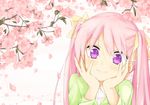  blush flower hands_on_own_face kitsune_(scaz) long_hair looking_at_viewer original petals pink_hair purple_eyes smile solo 