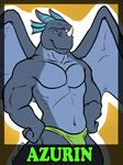  amwulf azurin badge biceps big_muscles blue_body blue_dragon dragon hands_on_hips horn looking_at_viewer male muscles solo speedo swimsuit toned topless underwear wings 