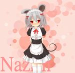  alternate_costume animal_ears apron arms_behind_back blush bow character_name enmaided greatmosu grey_hair hair_bow highres looking_at_viewer maid maid_headdress mouse_ears mouse_tail nazrin pink_background polka_dot polka_dot_background puffy_short_sleeves puffy_sleeves red_eyes short_hair short_sleeves solo tail thighhighs touhou waist_apron 