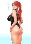  ass blush breasts large_breasts leotard long_hair looking_at_viewer looking_back ojo_(dfreak) original red_eyes red_hair simple_background solo thighs thong_leotard translated white_background 
