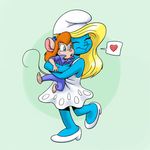  anthro blonde_hair blue_skin carelessdoodler carrying chip_&#039;n_dale_rescue_rangers chip_'n_dale_rescue_rangers coveralls crossover cute disney dress gadget_hackwrench hair hug long_hair mammal mouse rodent size_difference smurfette the_smurfs 