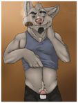  amwulf anthro belt body_hair canine chest_tuft cigar clothing dog flaccid fur happy_trail looking_at_viewer male mammal pants penis pink_penis poking_out pubes shirt shirt_lift smoking solo tank_top tuft undressing 