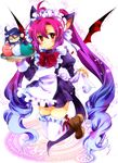  1girl ahoge alternate_costume apron black_hair blue_hair blush chibi dango demon_wings enmaided food frills gakuran gradient_hair itsuka_tenma_no_kuro_usagi kurenai_gekkou long_hair maid maid_apron maid_headdress mekeko multicolored_hair puffy_sleeves purple_hair red_eyes saito_himea school_uniform smile thighhighs very_long_hair wagashi waist_apron wings wrist_cuffs 