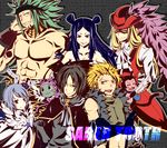  2girls 3boys black_eyes black_hair blonde_hair blue_hair brown_eyes cape fairy_tail flower green_eyes green_hair hair_flower hair_ornament hairband hat highres lector_(fairy_tail) long_hair minerva_(fairy_tail) minerva_orlando multiple_boys multiple_girls open_mouth orga_nanagear red_eyes rogue_cheney rufus_lohr short_hair sting_eucliffe wings yellow_eyes yukino_aguria 