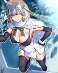  1girl absurdres ahoge bell black_legwear bow breasts capelet cleavage commentary_request cosplay elbow_gloves fate/grand_order fate_(series) fur-trimmed_gloves fur_capelet fur_trim gloves green_bow hand_on_hip headpiece highres huge_breasts huge_filesize jeanne_d&#039;arc_(alter)_(fate) jeanne_d&#039;arc_(fate)_(all) jeanne_d&#039;arc_alter_santa_lily jeanne_d&#039;arc_alter_santa_lily_(cosplay) kisaragi_(legobionicle23) looking_at_viewer red_bow short_hair silver_hair skirt snow solo thighhighs two-tone_bow white_capelet white_skirt winter yellow_eyes 