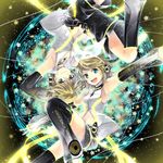  1girl aqua_eyes arm_warmers armpits bad_id bad_pixiv_id blonde_hair brother_and_sister detached_sleeves hair_ornament hair_ribbon hairclip hana_(mew) headphones kagamine_len kagamine_len_(append) kagamine_rin kagamine_rin_(append) leg_warmers navel open_mouth outstretched_arms ribbon short_hair shorts siblings smile spread_arms thighhighs twins vocaloid vocaloid_append 