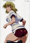  akagi_ritsuko ass black_eyes blonde_hair breasts buruma den_sugiyama earrings from_behind gym_uniform highres jewelry legs lipstick looking_back makeup medium_breasts mole mole_under_eye neon_genesis_evangelion non-web_source scan short_sleeves sideboob smile socks solo thighs underwear white_background 