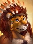  anthro beard blue_eyes brown_hair cheetahpaws chest_tuft chieftain facial_hair feathers feline fur hair lion looking_at_viewer male mammal mane orange_fur plain_background red_hair sidern sidern_brethencourt solo topless tribal tuft white_fur 