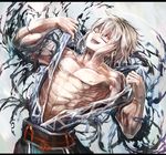  abs belt glasses highres kusakanmuri letterboxed looking_at_viewer male_focus mannosuke morichika_rinnosuke muscle open_mouth shirt silver_hair solo tearing_clothes torn_clothes torn_shirt touhou yellow_eyes 