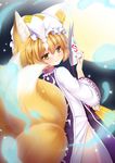  absurdres animal_ears blonde_hair blush fox_ears fox_mask fox_tail full_moon hat highres looking_at_viewer looking_back mask moon multiple_tails ofuda short_hair side_slit smile solo tail touhou wolflong yakumo_ran yellow_eyes 