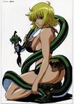  amazon animal ass bare_shoulders black_eyes blonde_hair boots breasts den_sugiyama full_body high_heels highres kneeling large_breasts long_legs looking_at_viewer marguerite necktie non-web_source one_piece open_mouth scan short_hair sideboob simple_background skirt snake thighs tongue tongue_out white_background 