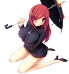  1girl bare_legs blush hair_over_one_eye impossible_clothes impossible_shirt morita morita_(moritania) parasoul_(skullgirls) red_eyes red_hair shirt simple_background skullgirls solo umbrella white_background 