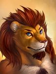  anthro beard blue_eyes brown_hair cheetahpaws chest_tuft facial_hair feline fur hair lion looking_at_viewer male mammal mane orange_fur plain_background red_hair sidern sidern_brethencourt solo topless tuft white_fur 