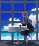  bare_shoulders barefoot blurry book breasts brown_eyes cloud cup day depth_of_field dress highres indoors medium_breasts original silver_hair sitting solo table tama_(speedgrapher) window 